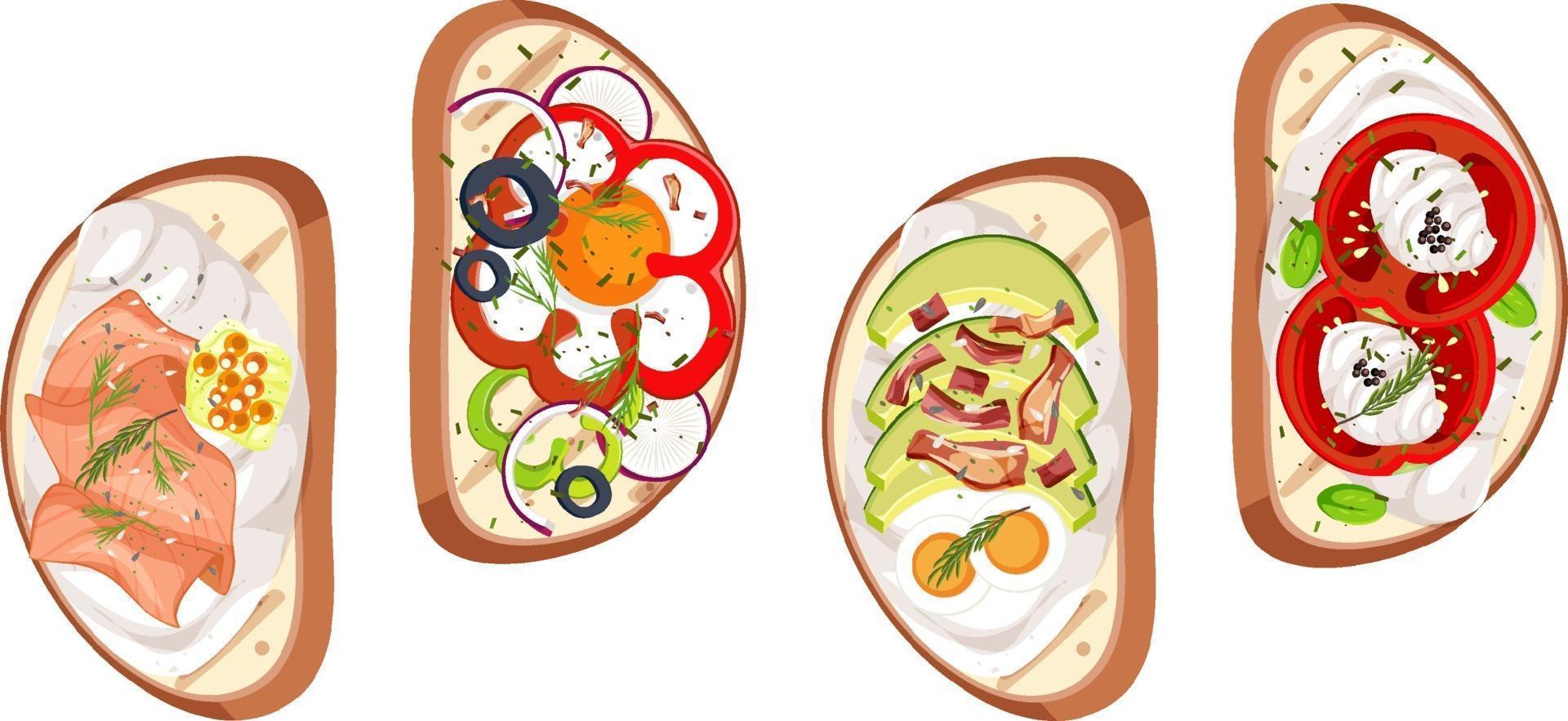 Set of bruschetta with topping isolated vector