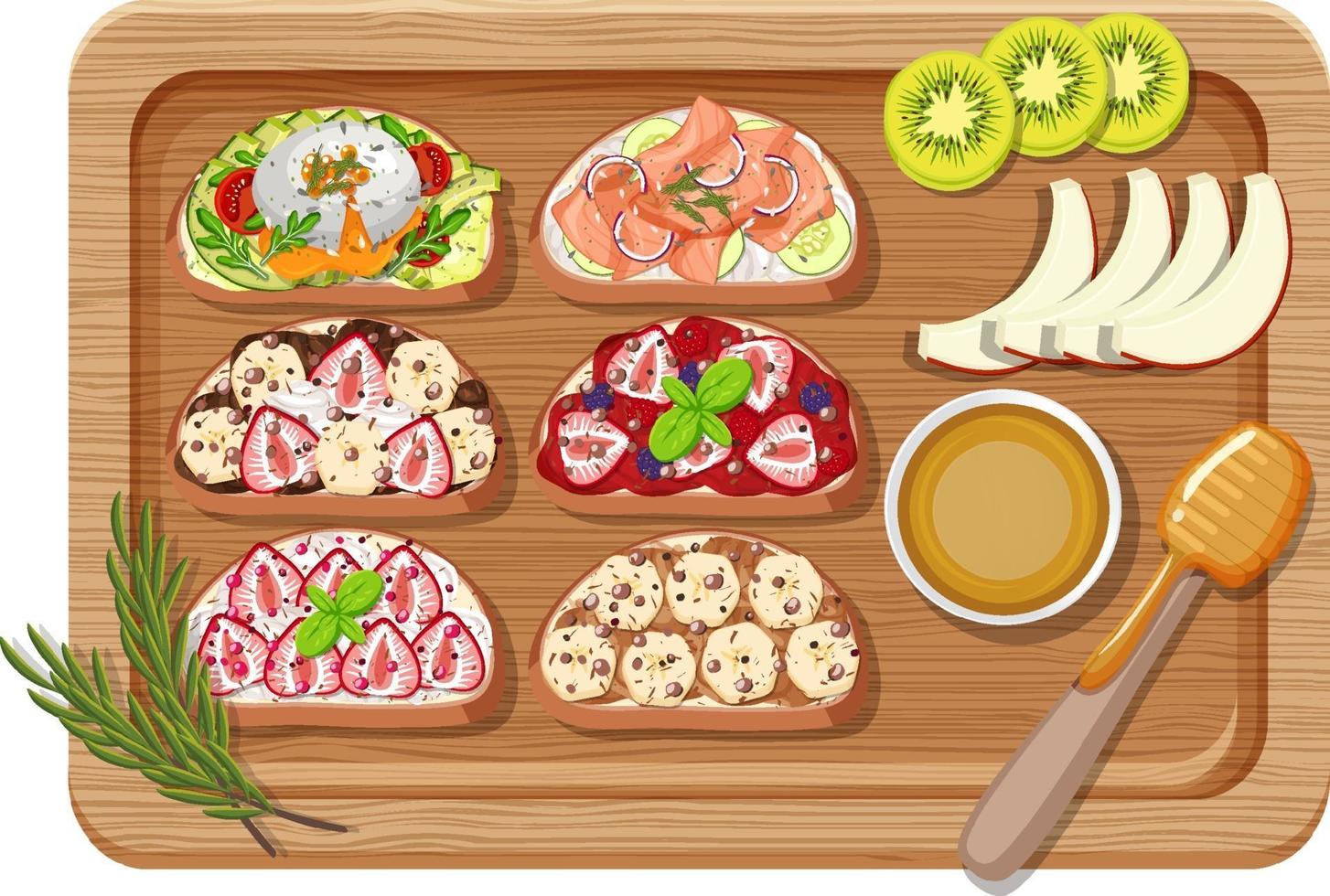 Top view of breakfast set on a cutting board isolated vector