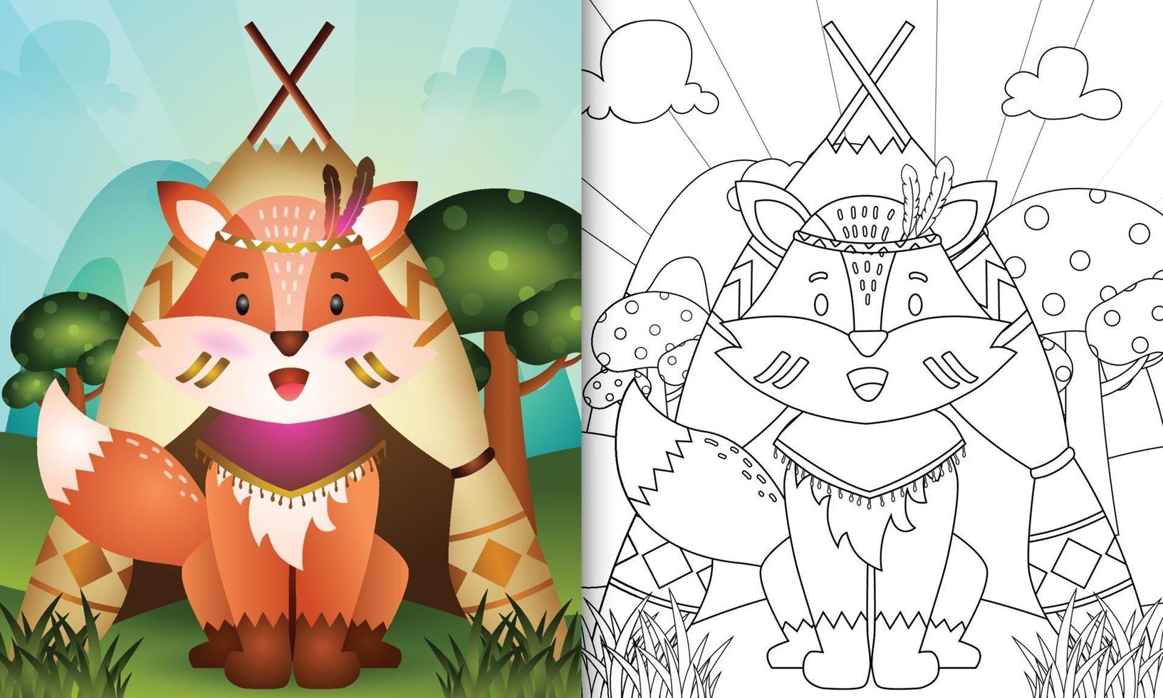 Coloring book template for kids with a cute tribal boho fox character illustration vector