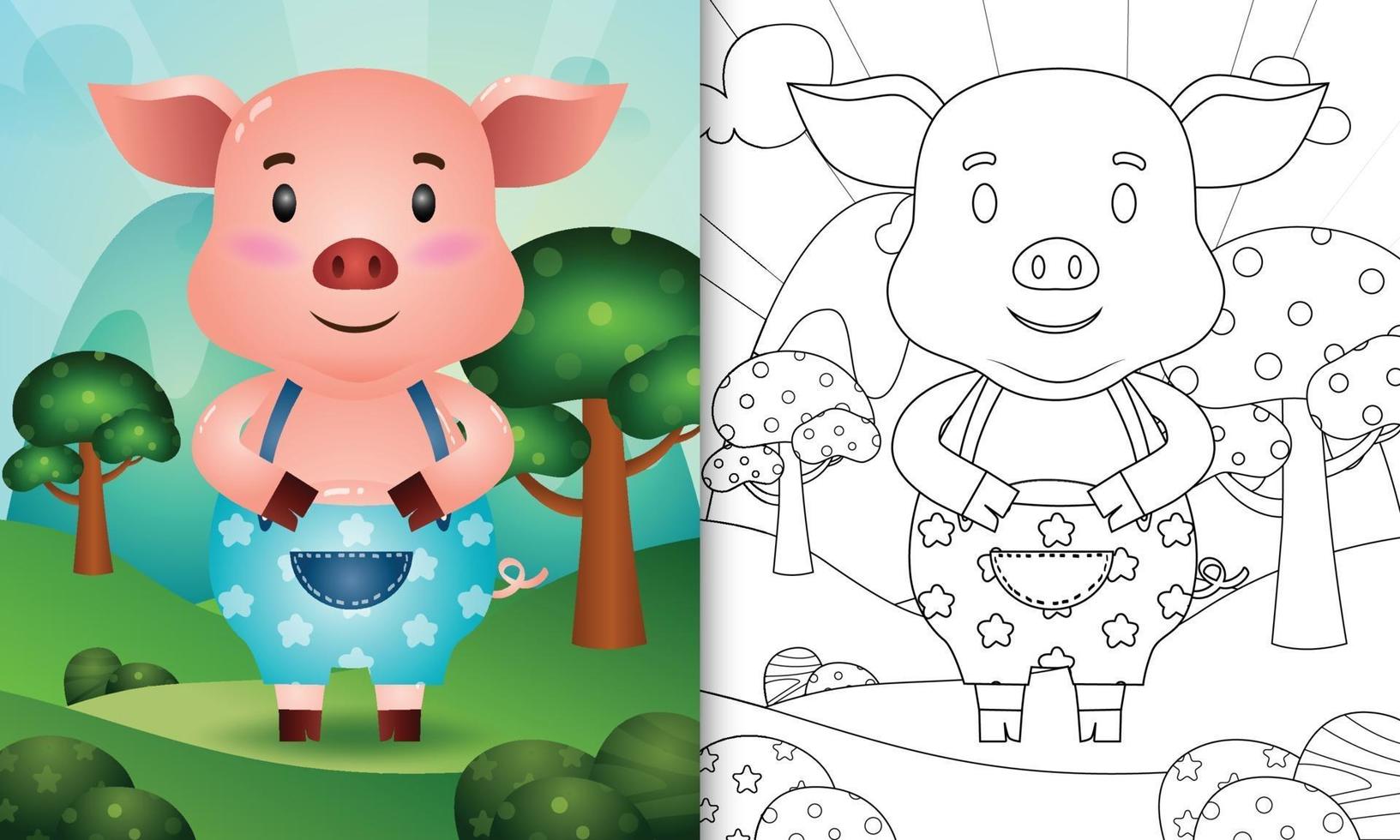 Plantilla de libro para colorear para niños con una linda ilustración de personaje de cerdo vector