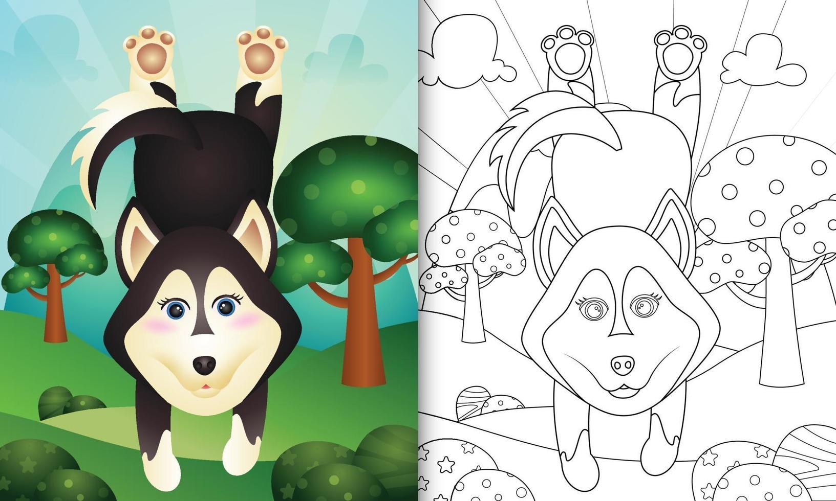 Coloring book template for kids with a cute husky dog character illustration vector