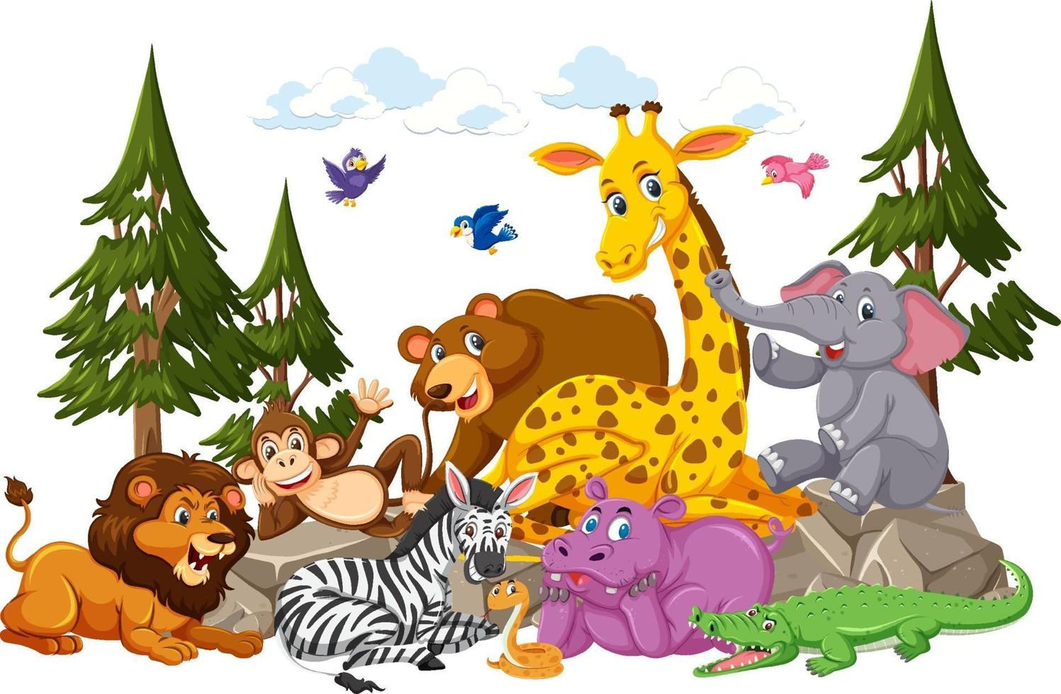 Wild animal group cartoon character on white background vector