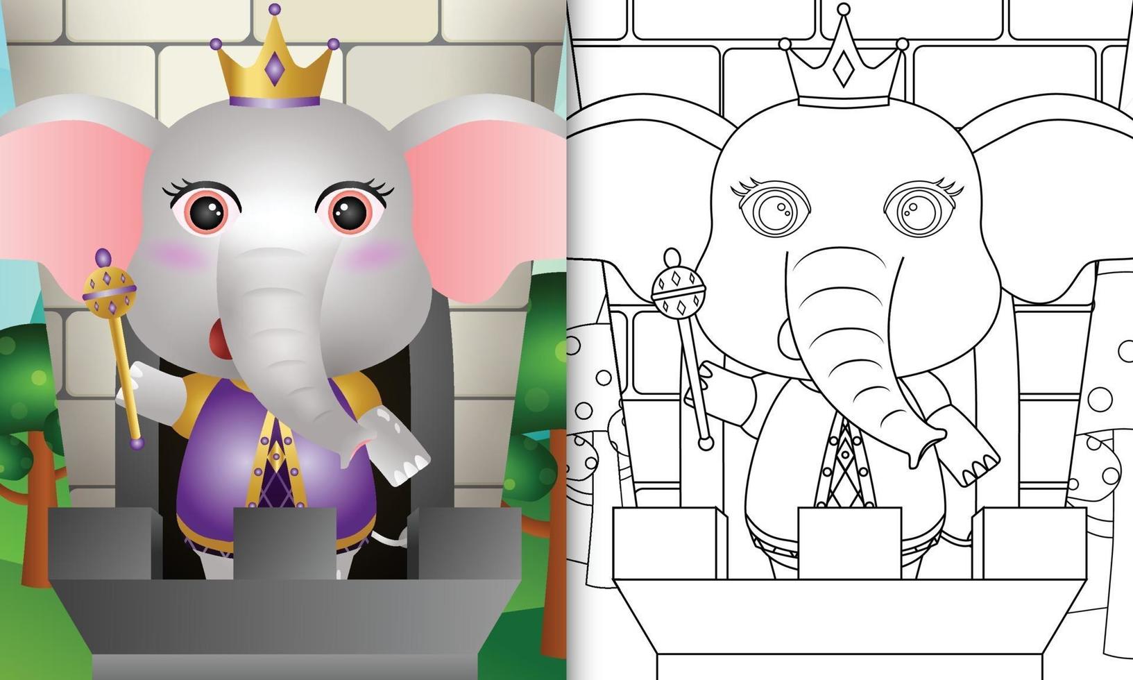 Plantilla de libro para colorear para niños con una linda ilustración de personaje de elefante rey vector