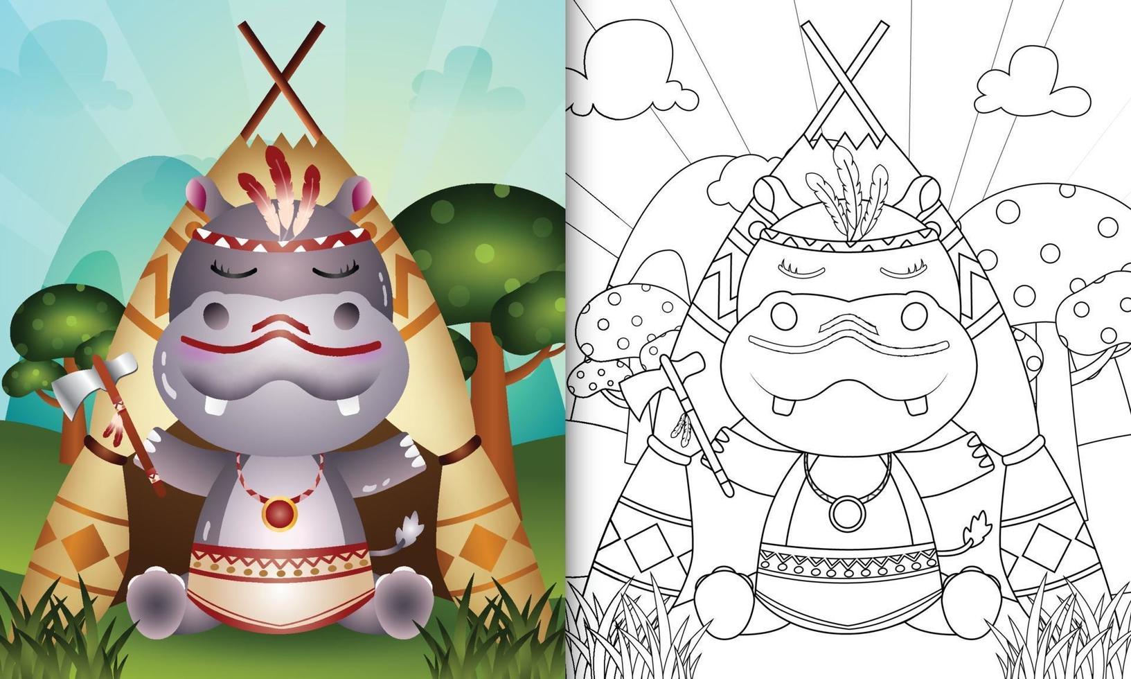 Coloring book template for kids with a cute tribal boho hippo character illustration vector