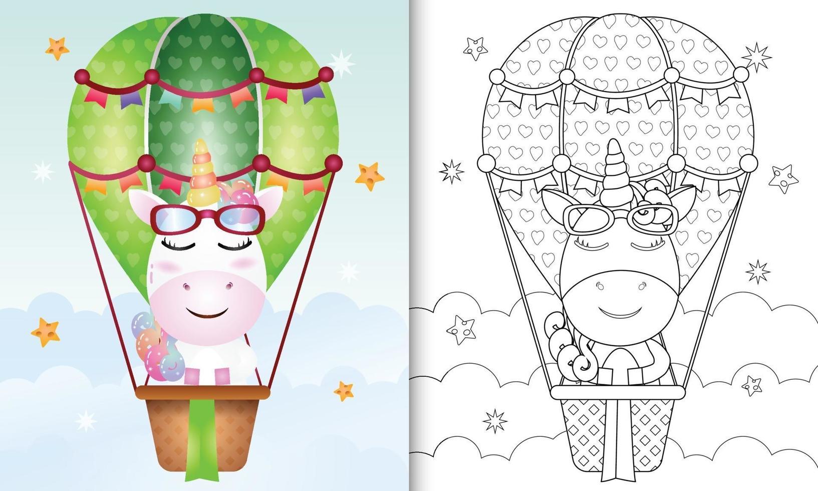 Coloring book template for kids with a cute unicorn on hot air balloon vector