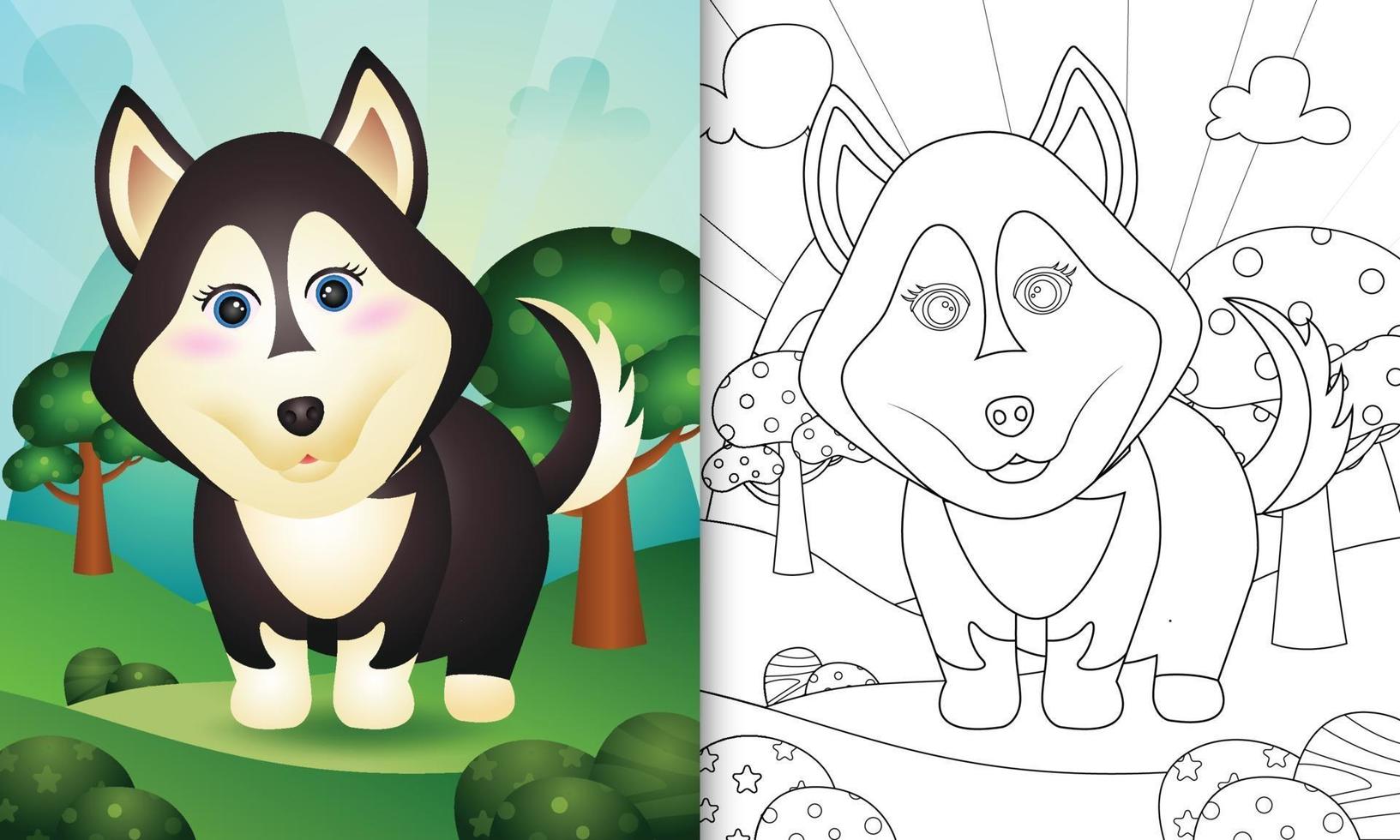 Plantilla de libro para colorear para niños con una linda ilustración de personaje de perro husky vector