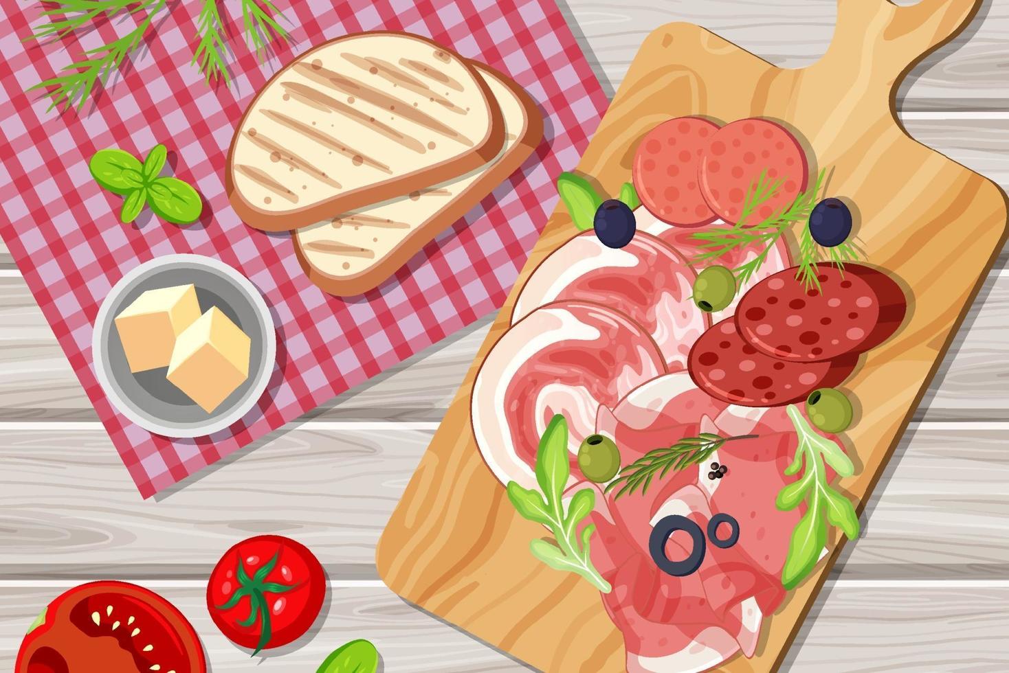 Top view of sliced meat set on the table vector