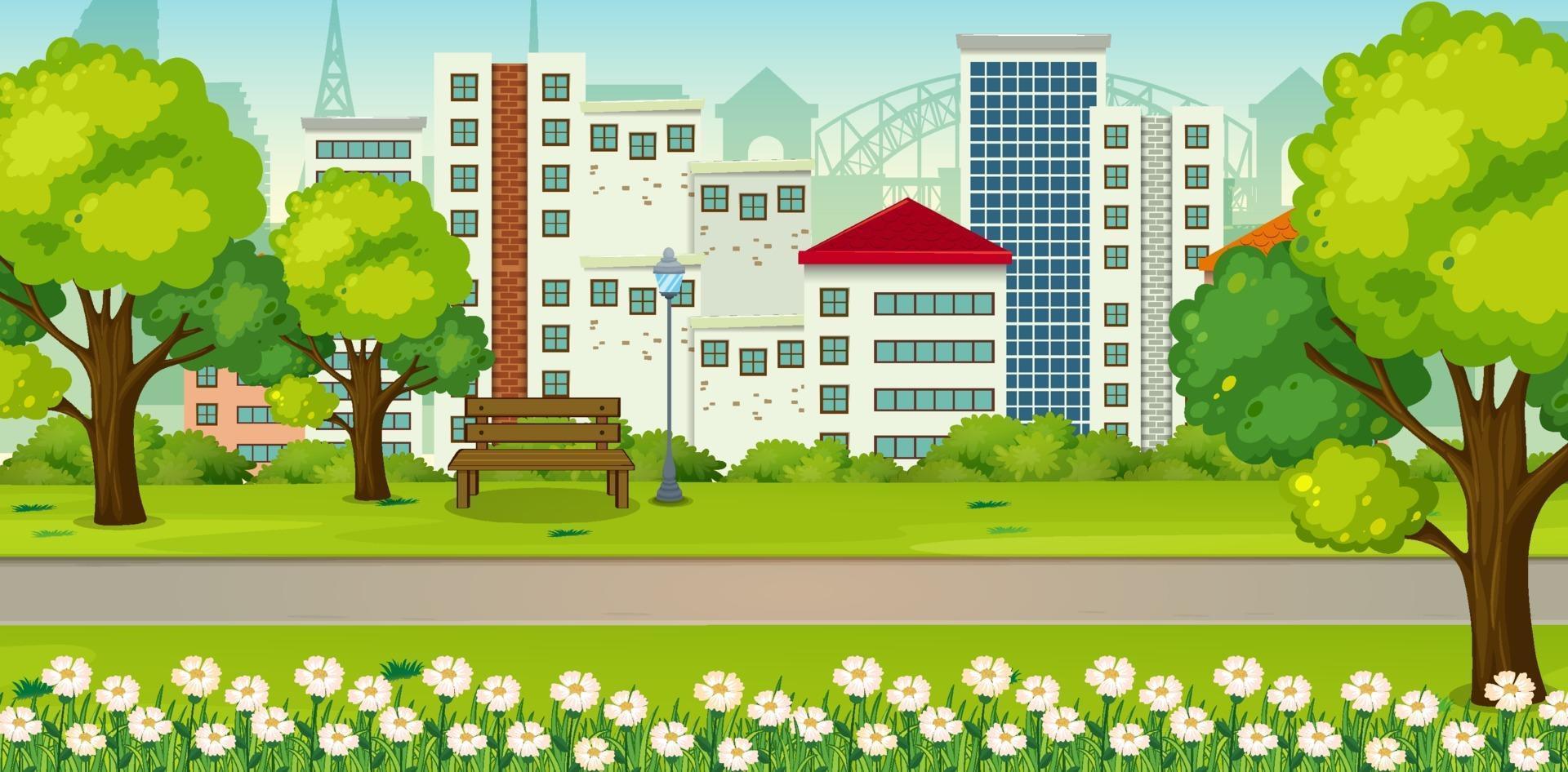 Park outdoor scene with many building in background vector