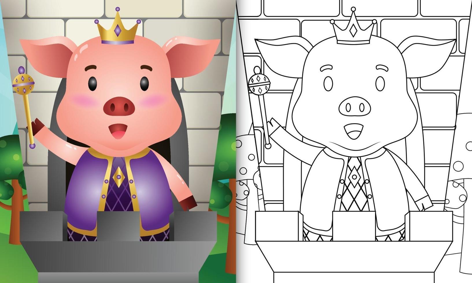 Plantilla de libro para colorear para niños con una linda ilustración de personaje de cerdo rey vector