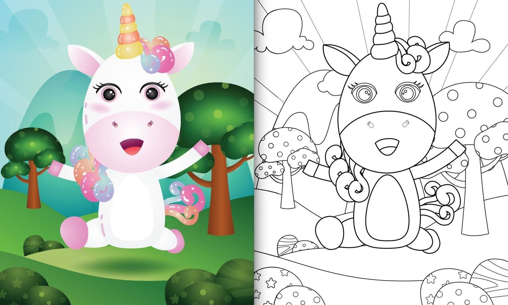 Coloring book template for kids with a cute unicorn character illustration vector