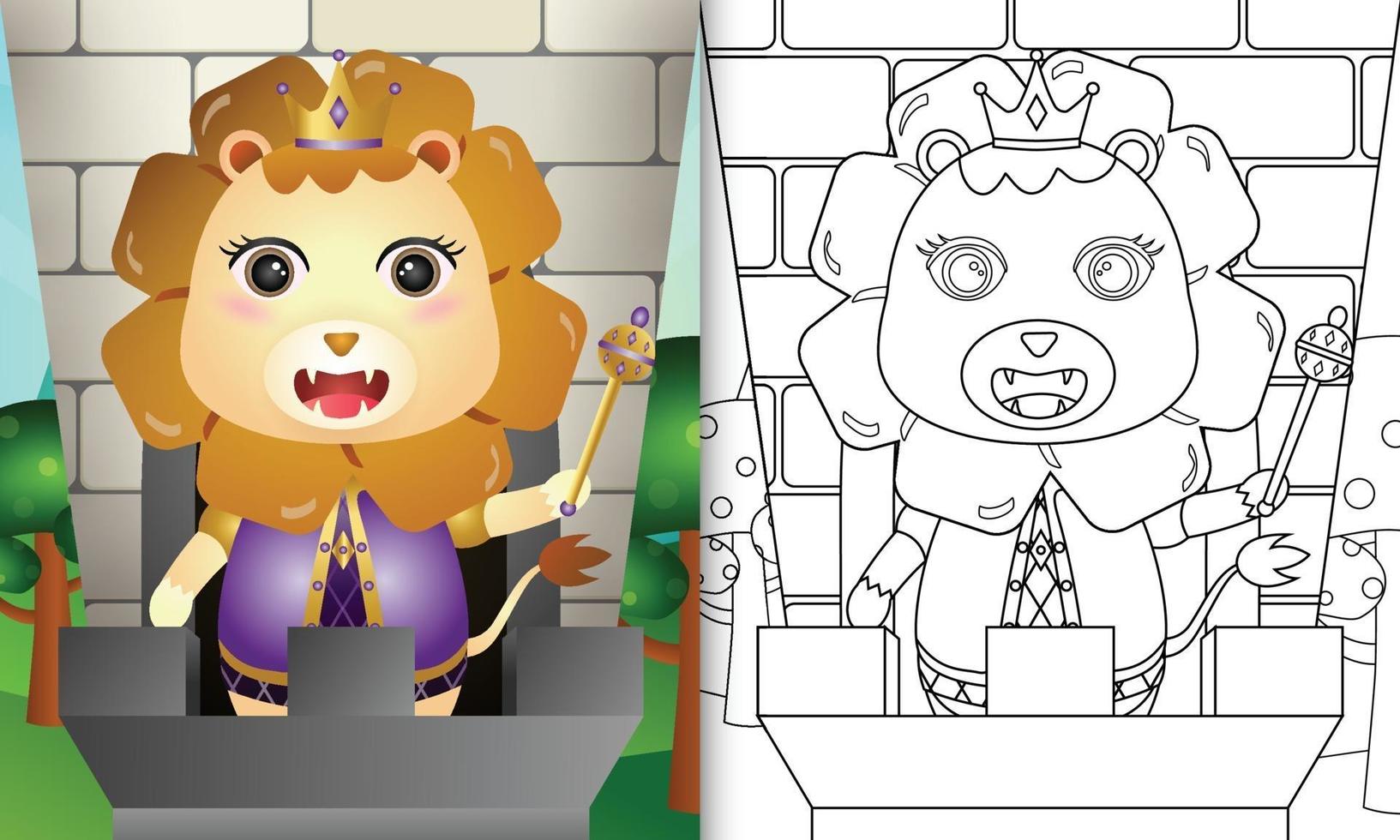 Coloring book template for kids with a cute king lion character illustration vector