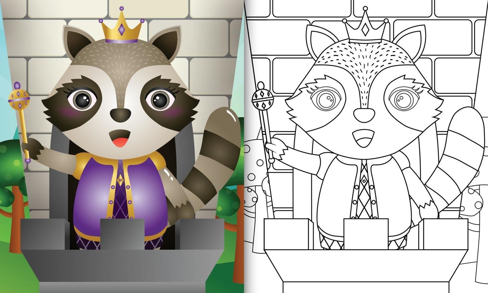 Coloring book template for kids with a cute king raccoon character illustration vector