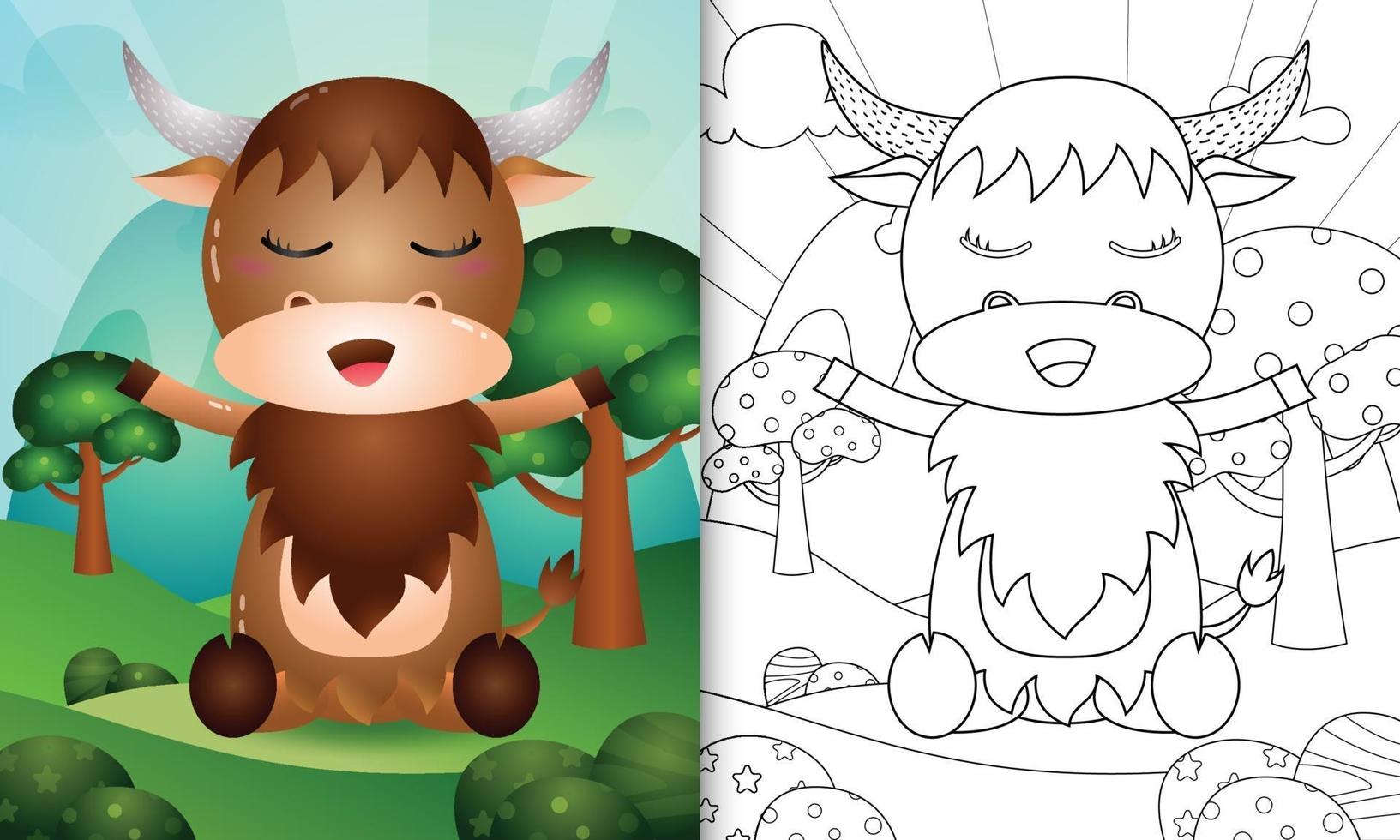 Coloring book template for kids with a cute buffalo character illustration vector