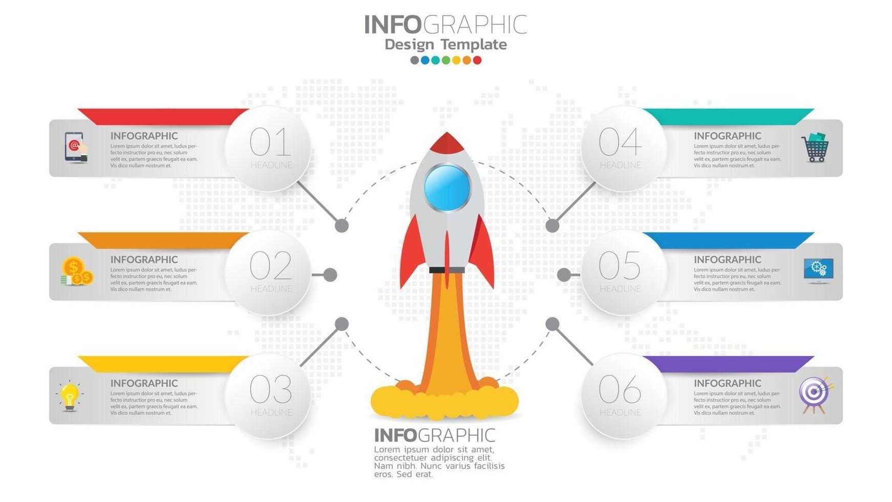 6 steps startup infographics with rocket launch. business and finance concept. vector