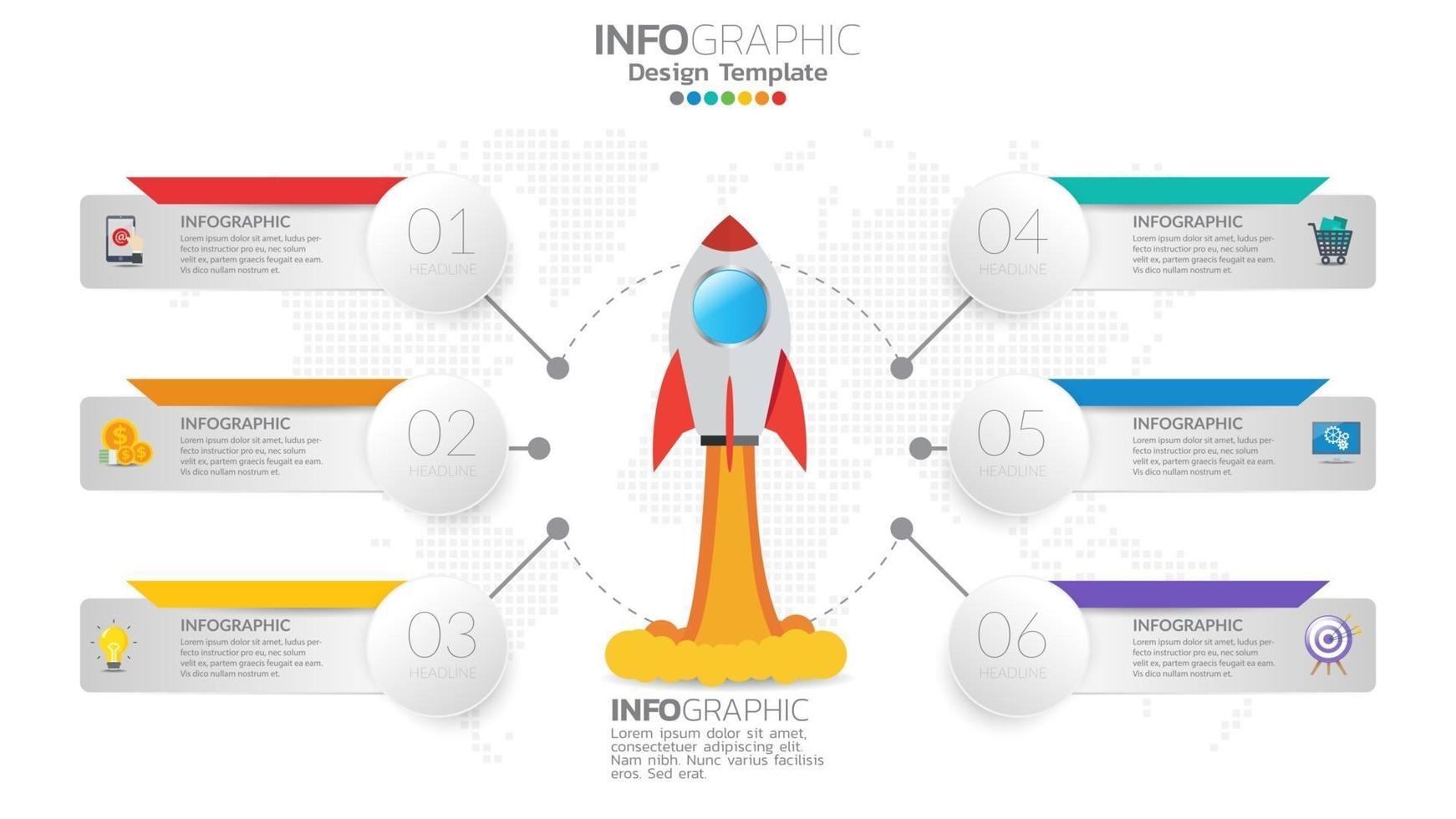 Infografía de inicio de 6 pasos con lanzamiento de cohete. concepto de negocios y finanzas. vector