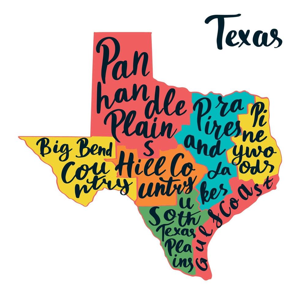 mapa del estado de texas. letras a mano. vector