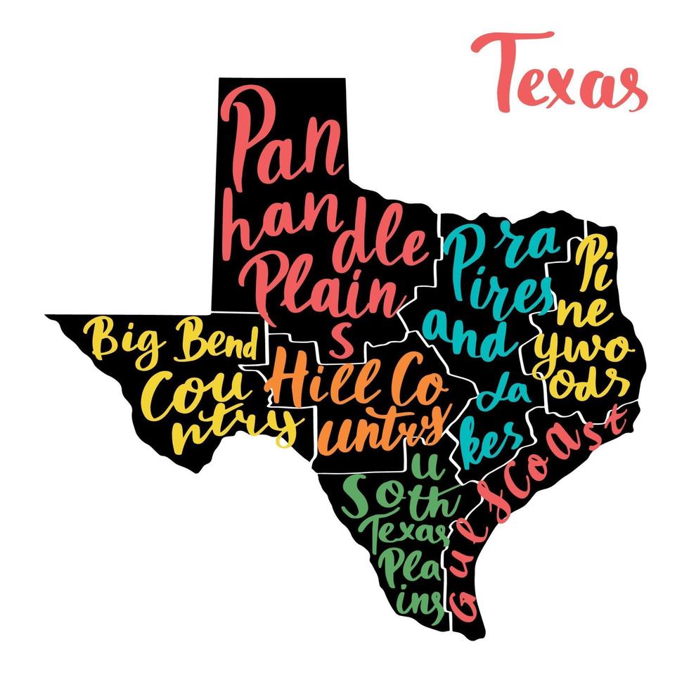 Map of state Texas, USA with colorful hand-written names of regions. vector