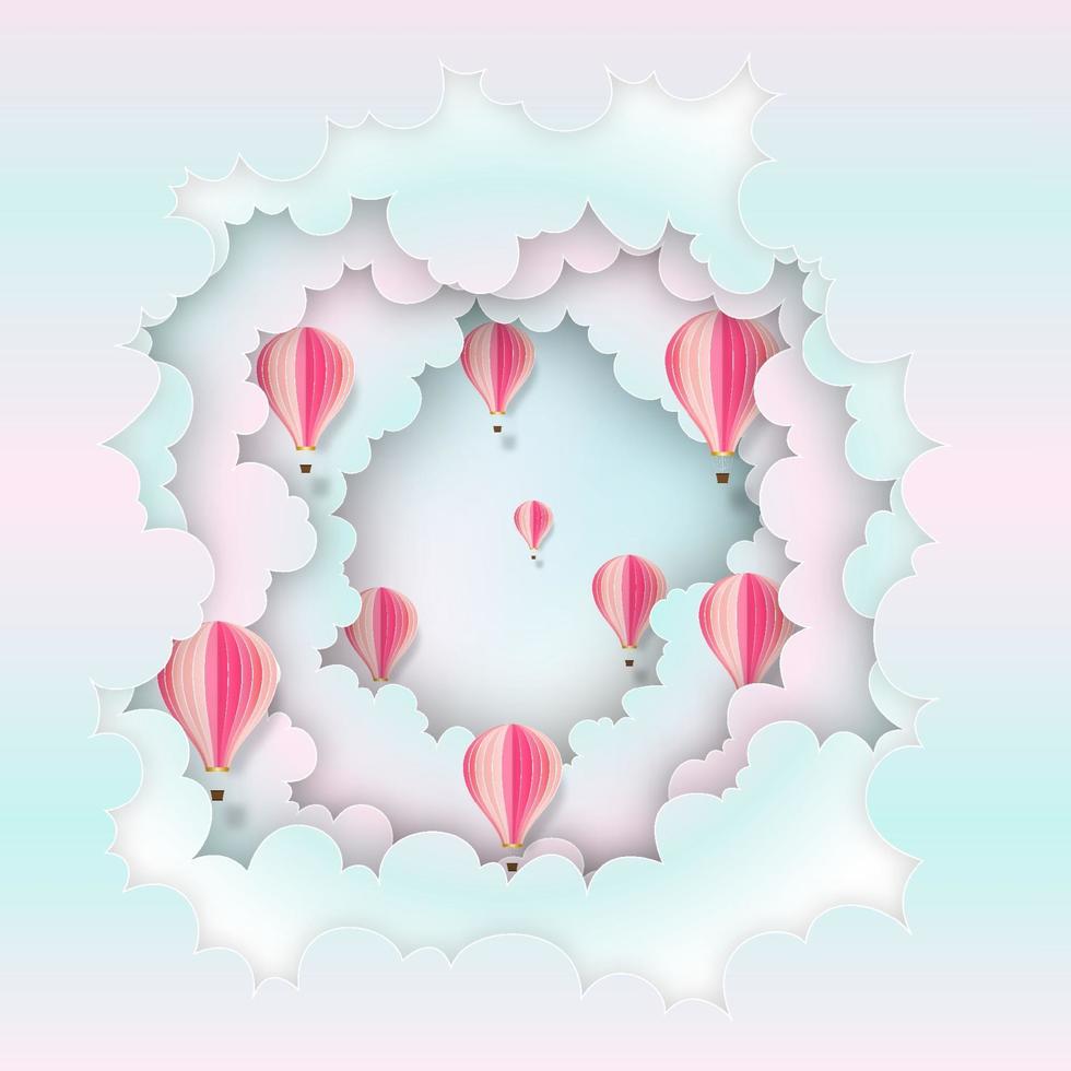 Paper art , cut and craft style of Hot air balloons on the pastel sky layer background as business and transportation concept. vector illustration.