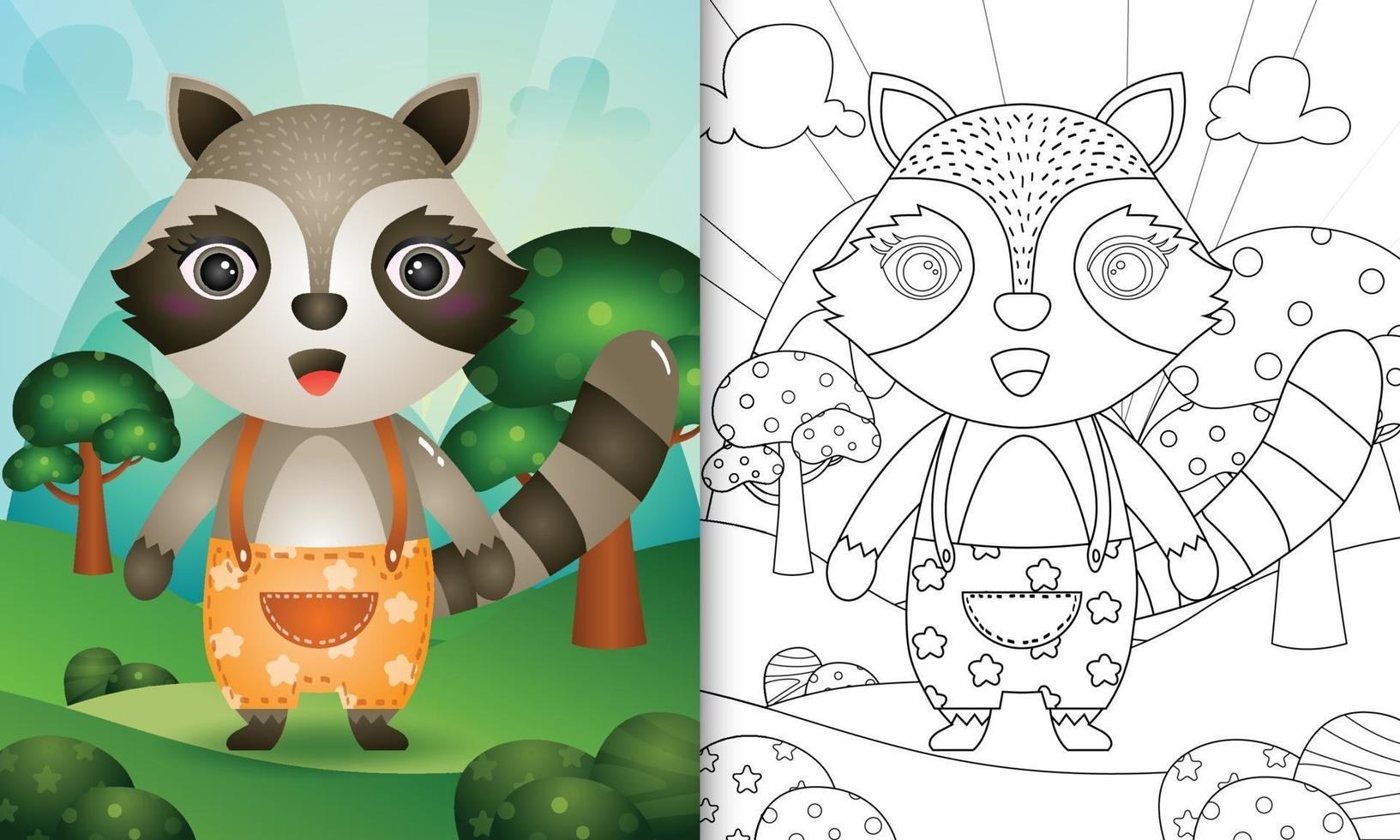 Coloring book template for kids with a cute raccoon character illustratio vector