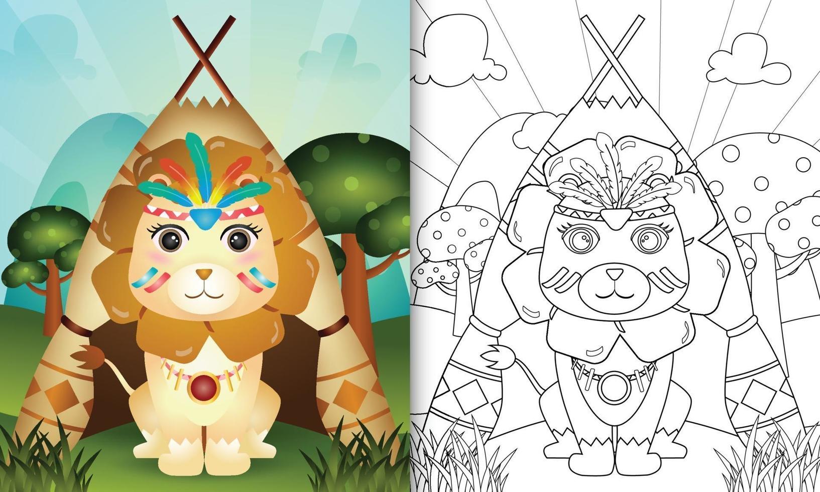 Plantilla de libro para colorear para niños con una linda ilustración de personaje de león boho tribal vector