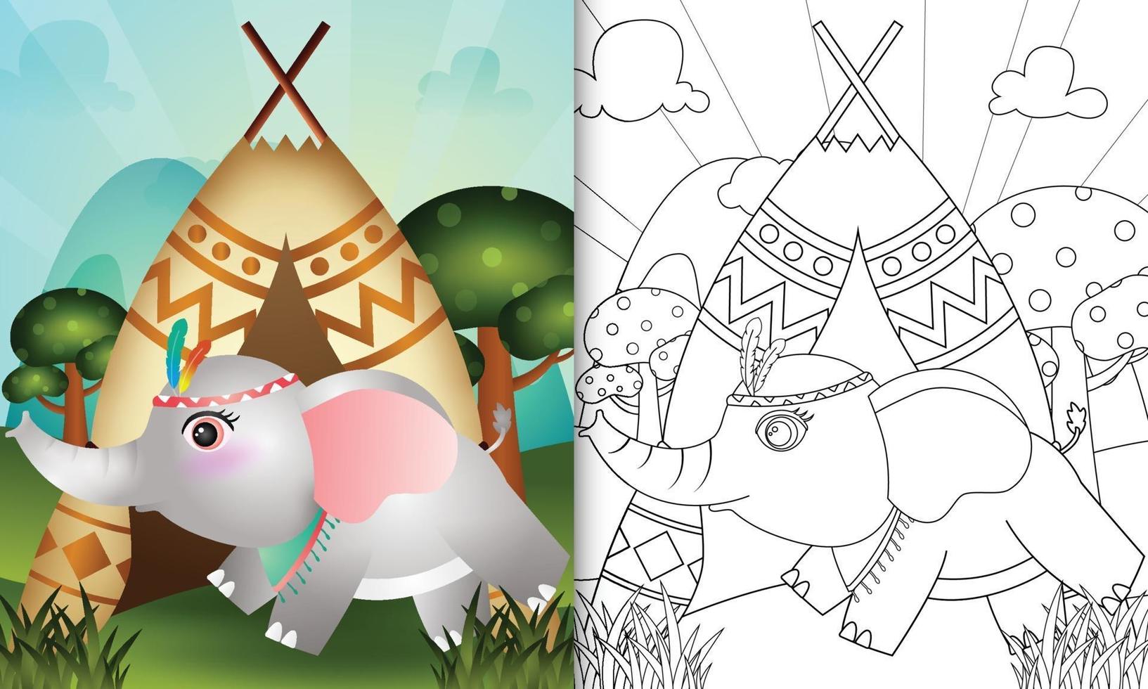 Coloring book template for kids with a cute tribal boho elephant character illustration vector