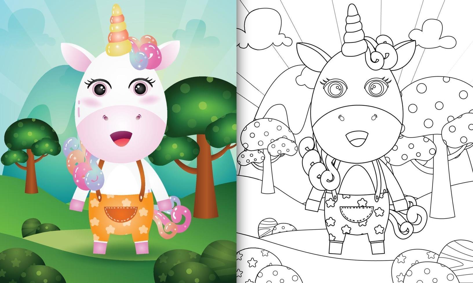 Plantilla de libro para colorear para niños con una linda ilustración de personaje de unicornio vector