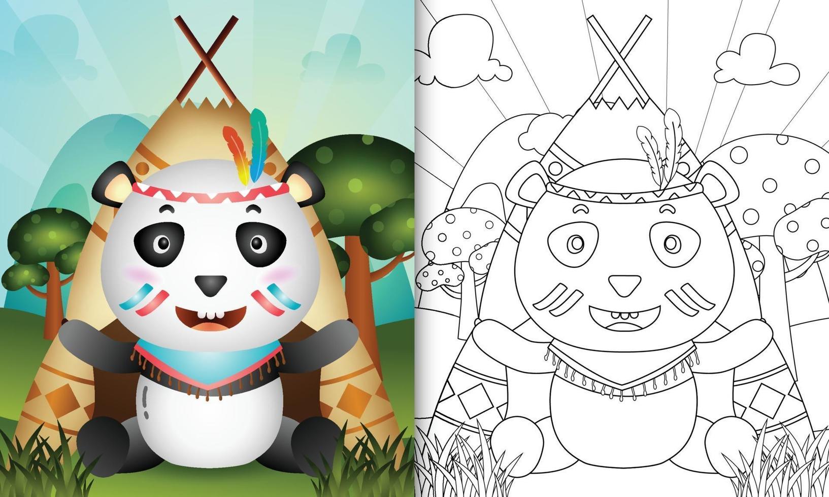 Coloring book template for kids with a cute tribal boho panda character illustration vector