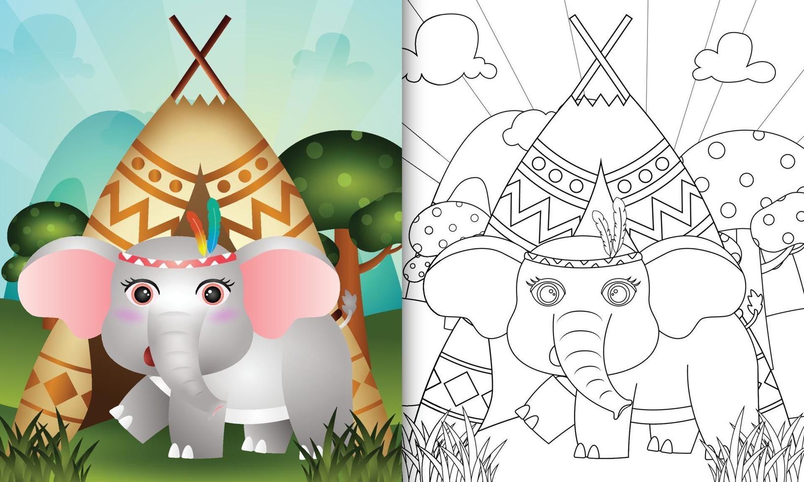 Plantilla de libro para colorear para niños con una linda ilustración de personaje de elefante boho tribal vector