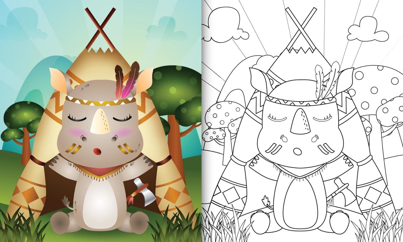 Plantilla de libro para colorear para niños con una linda ilustración de personaje de rinoceronte boho tribal vector