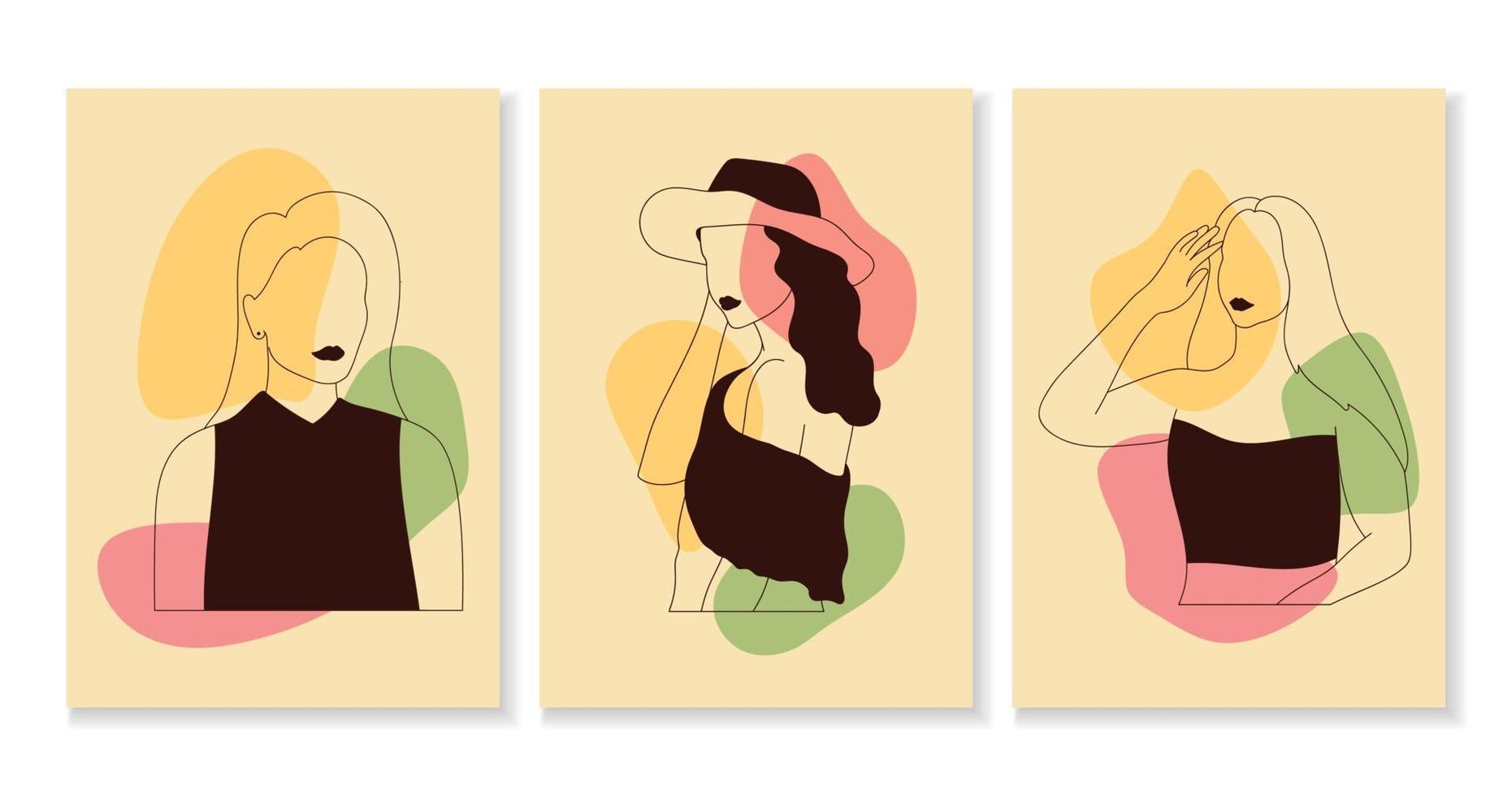 Set of women in elegant line art style vector