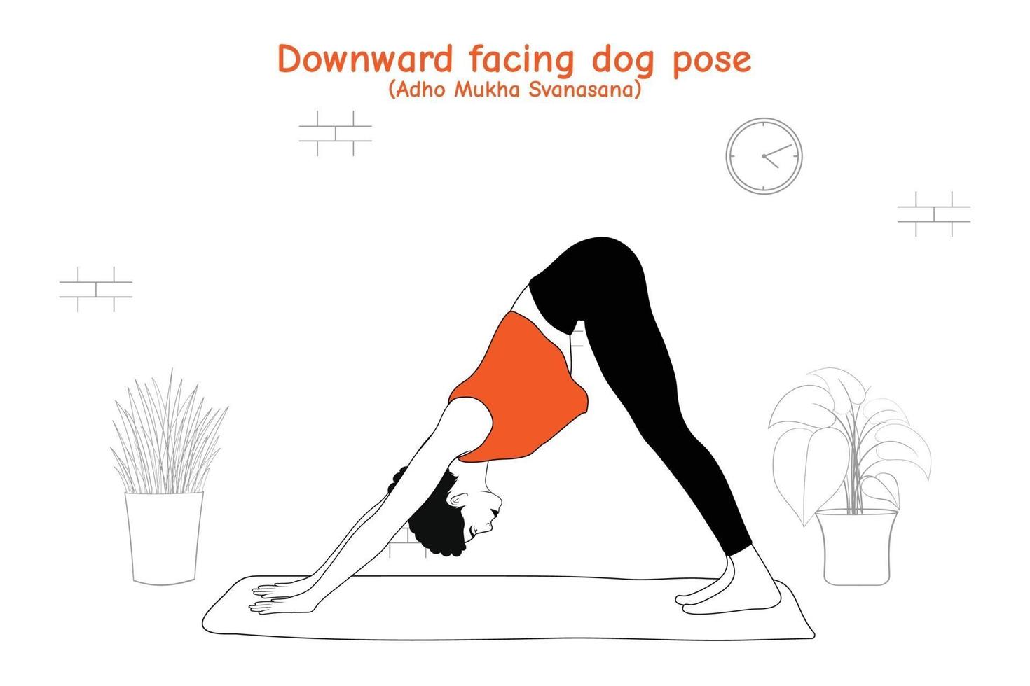 Mujer haciendo yoga asana pose de perro boca abajo o adho mukha svanasana en estilo plano dibujado a mano vector