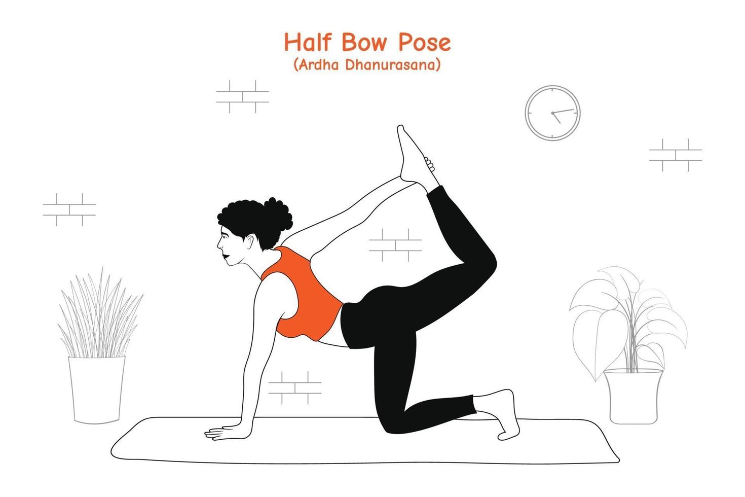 Mujer haciendo yoga asana pose de medio arco o ardha dhanurasana en estilo plano dibujado a mano vector