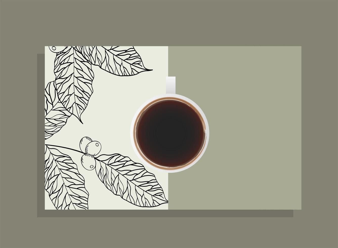 Cup of coffee top view with leaves vector design