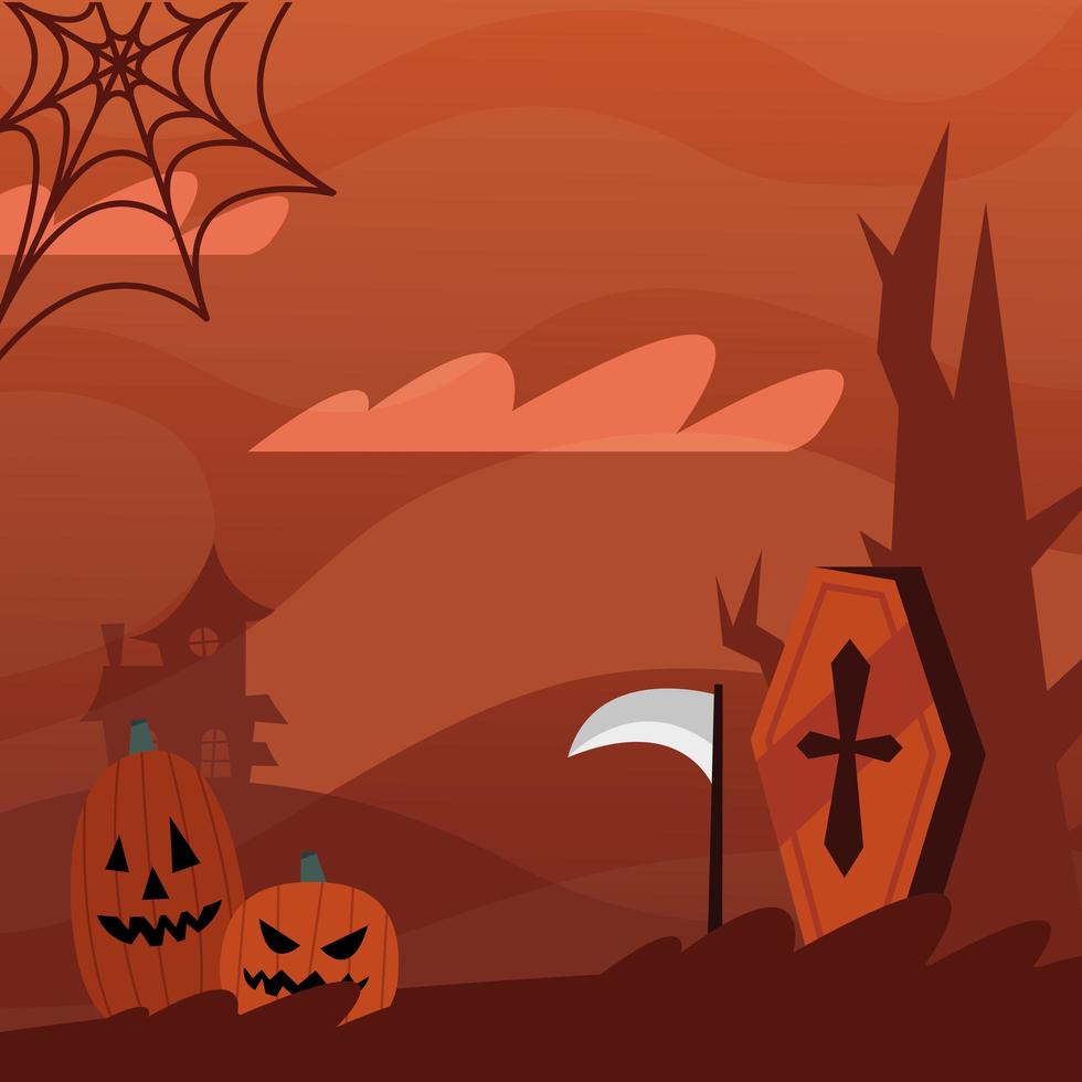 calabazas de halloween y diseño vectorial de ataúd vector