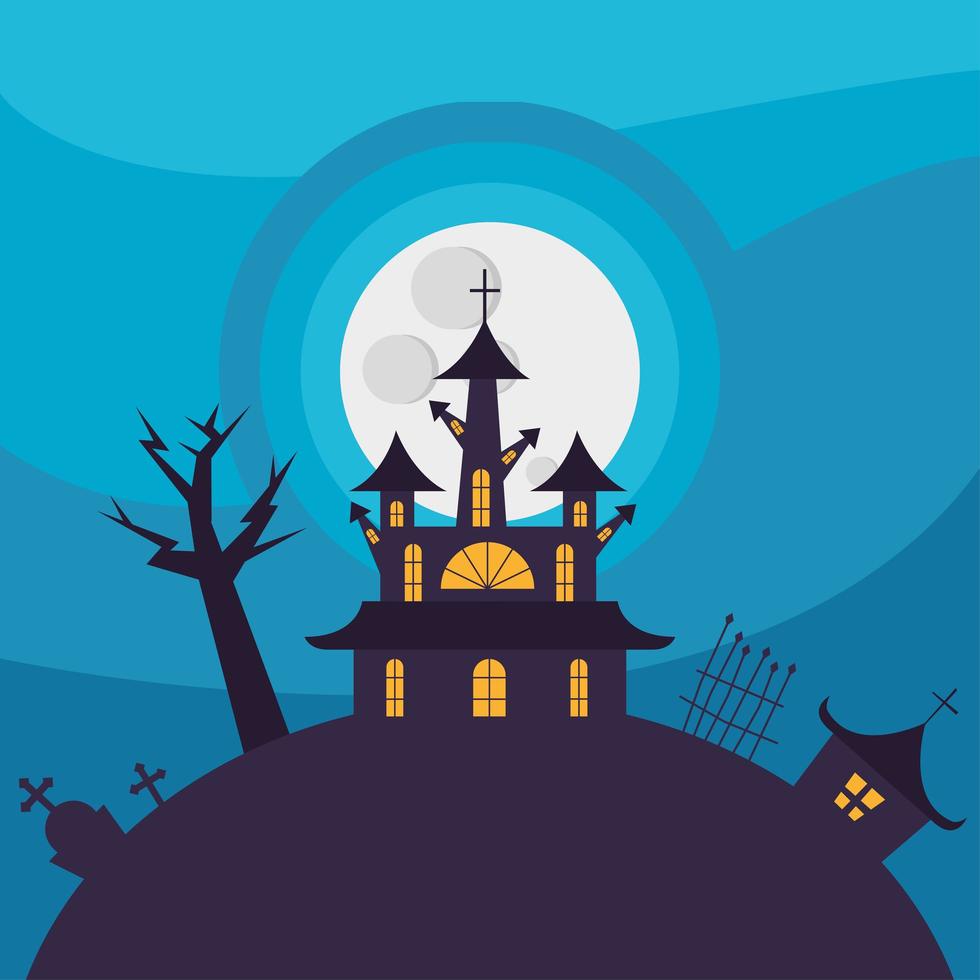 Halloween haunted house in front of the moon vector