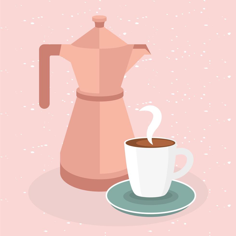 Taza de café y olla sobre fondo rosa diseño vectorial vector