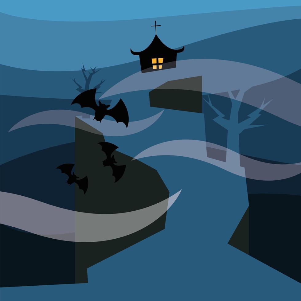 Halloween haunted house with bats at night vector design