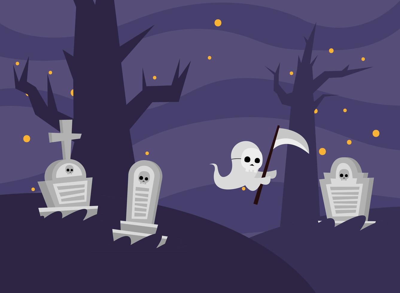 dibujos animados de fantasmas de halloween en un diseño vectorial de cementerio vector