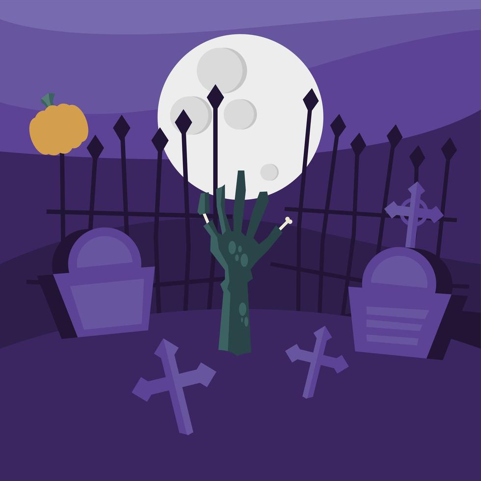 Halloween zombie hand at cemetery vector design