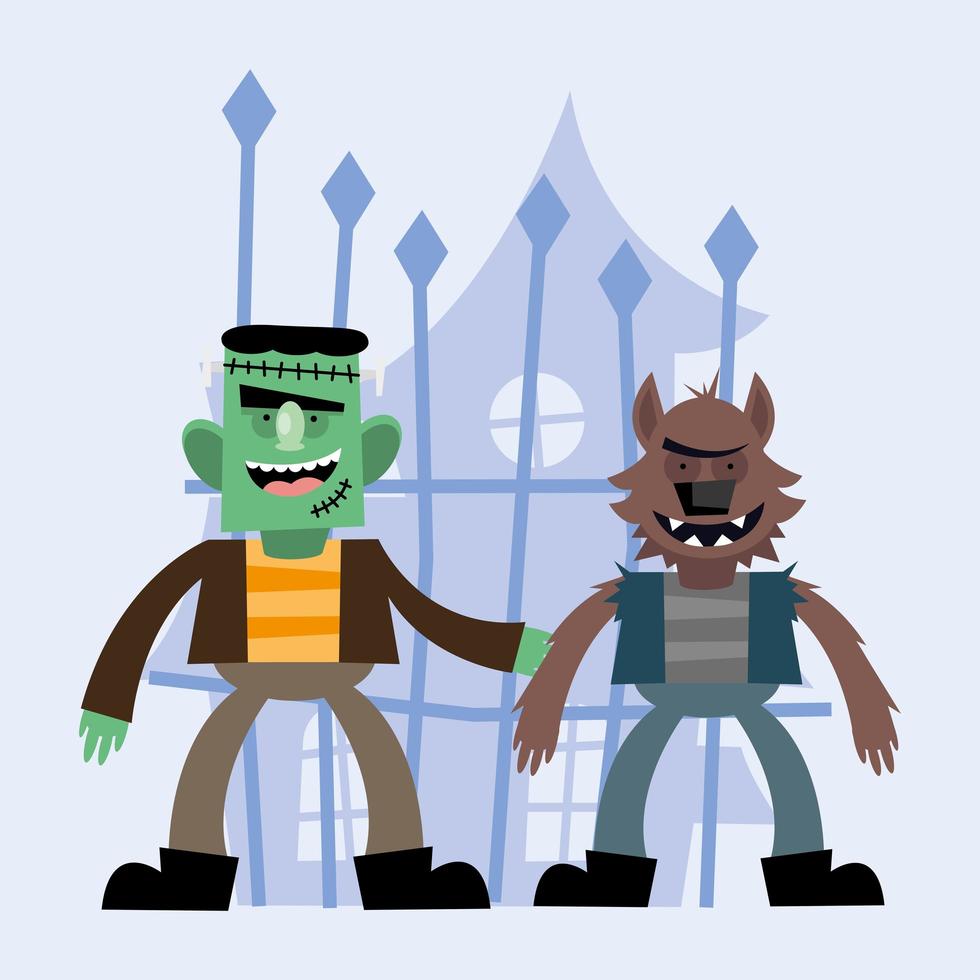 diseño vectorial de dibujos animados de frankenstein y hombre lobo de halloween vector