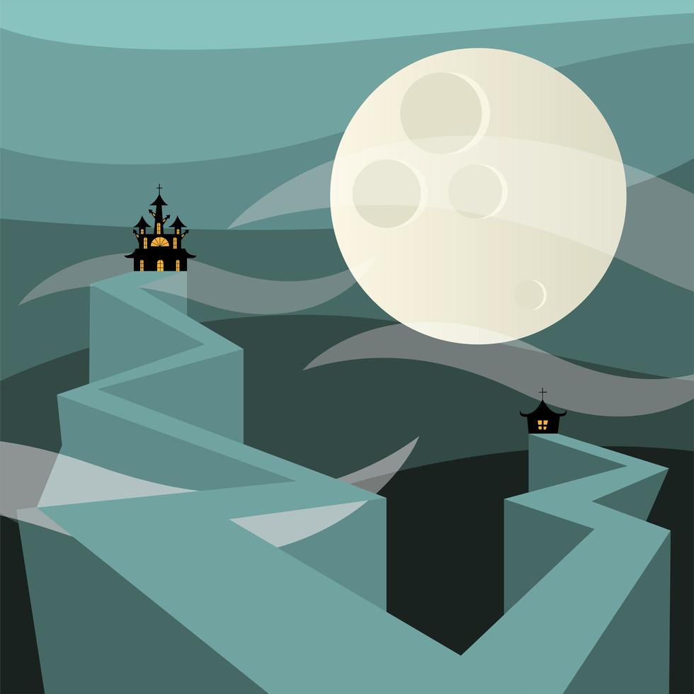 Halloween haunted houses in front of the moon vector design