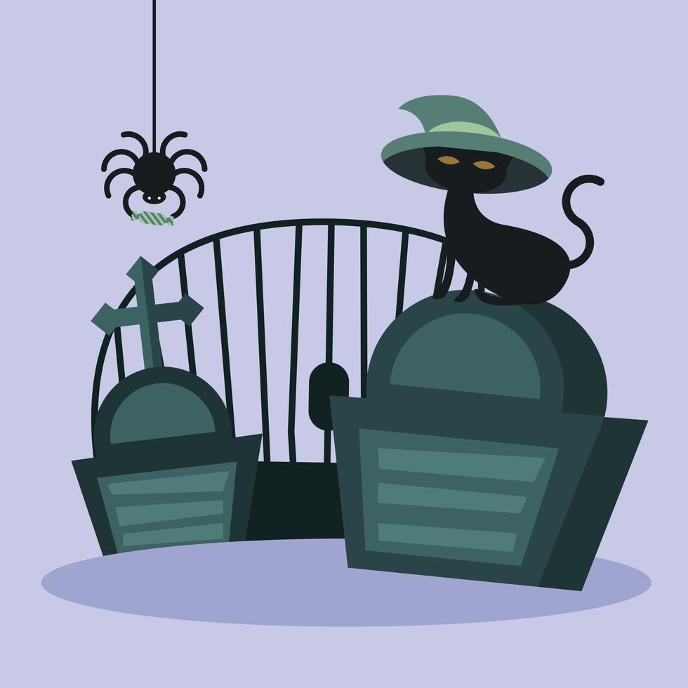 gato de halloween con sombrero en un diseño vectorial de cementerio vector