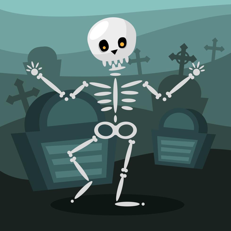 Dibujos animados de calavera de Halloween en un diseño vectorial de cementerio vector