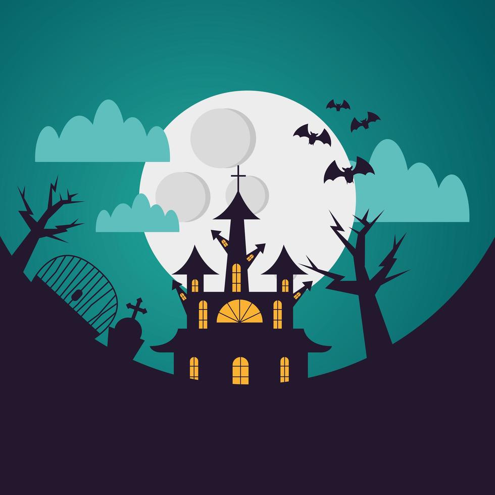 casa de halloween y cementerio en la noche diseño vectorial vector
