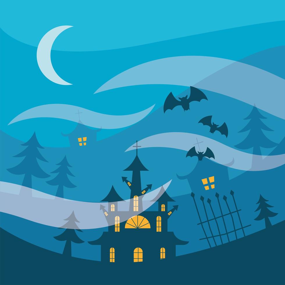 Halloween haunted houses and pine trees at night vector design