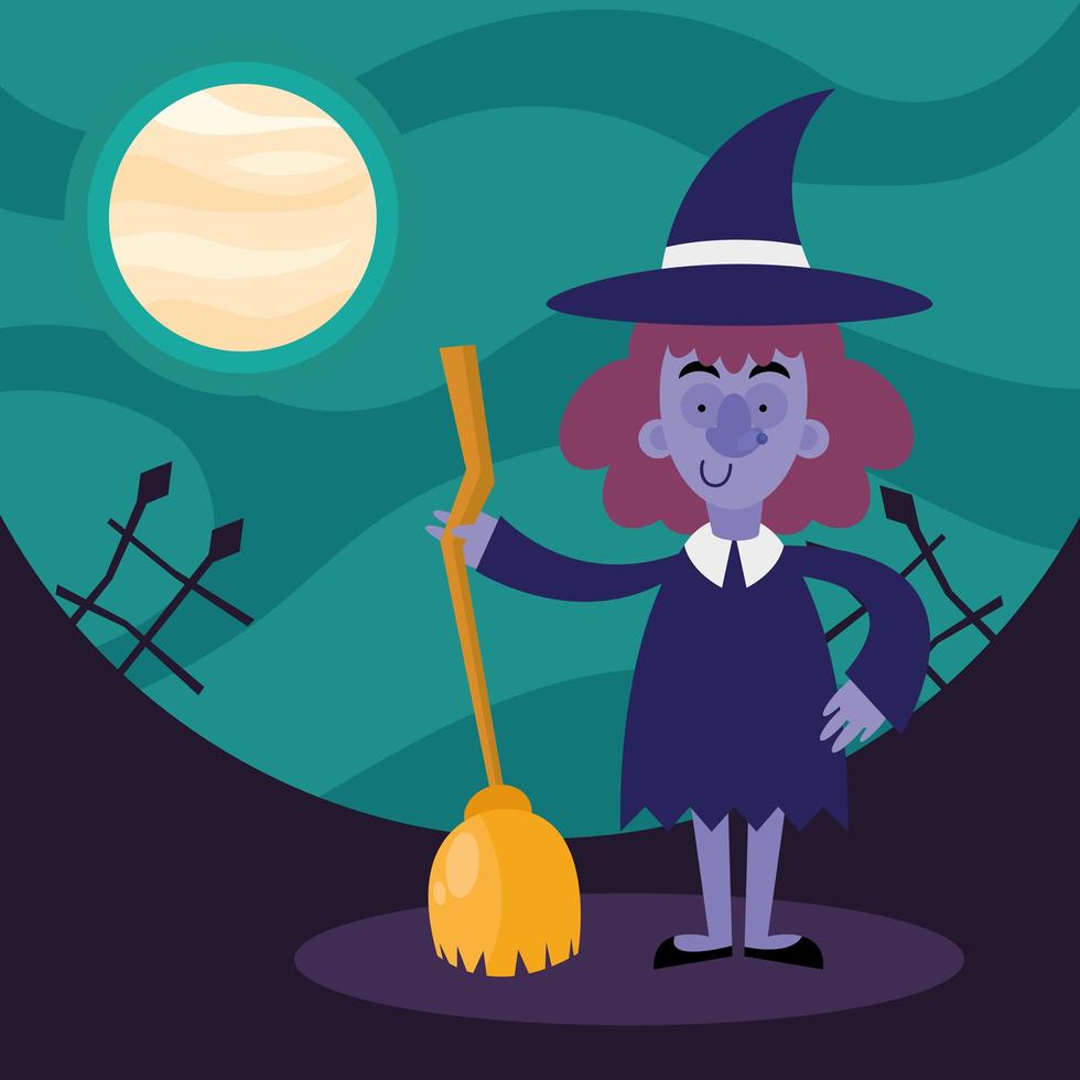 caricatura de bruja de halloween con diseño de vector de escoba