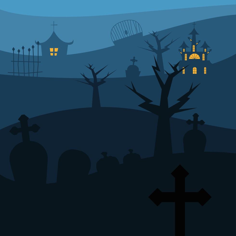 Halloween haunted houses with trees at a cemetery vector design