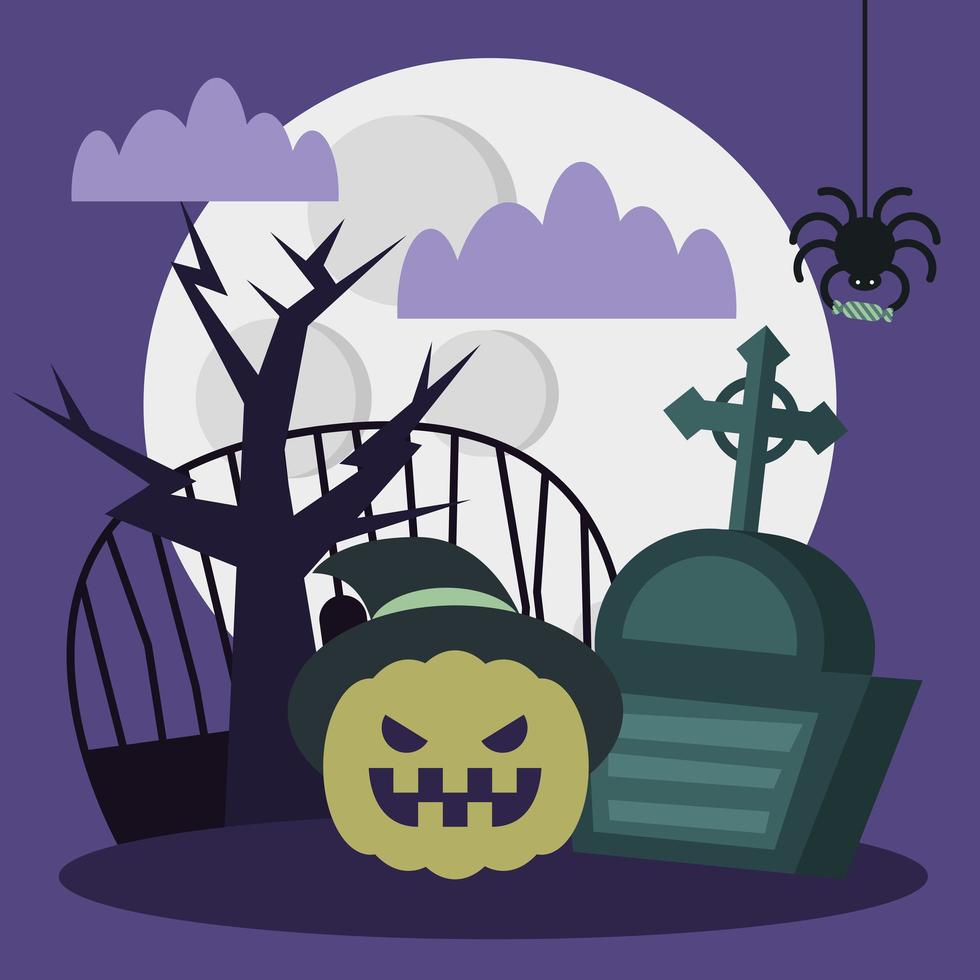 Halloween pumpkin cartoon with hat at cemetery vector design