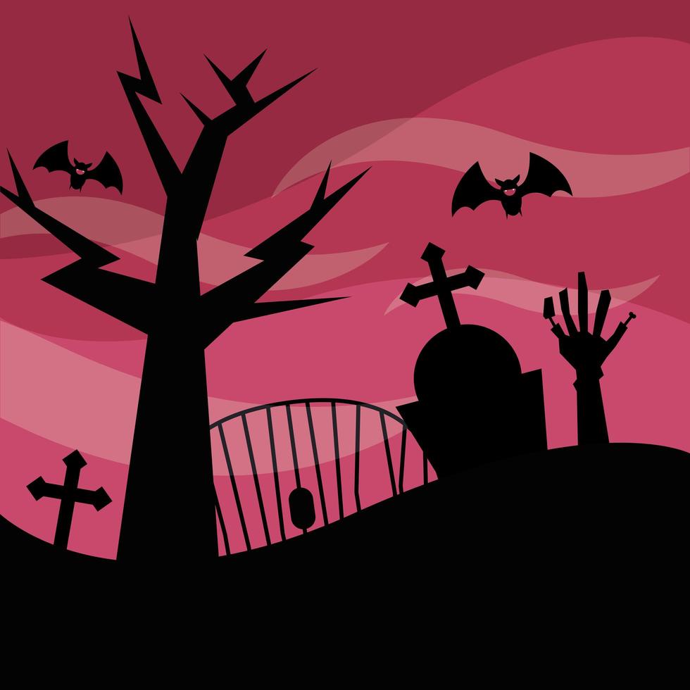 Halloween cemetery and tree at night vector design