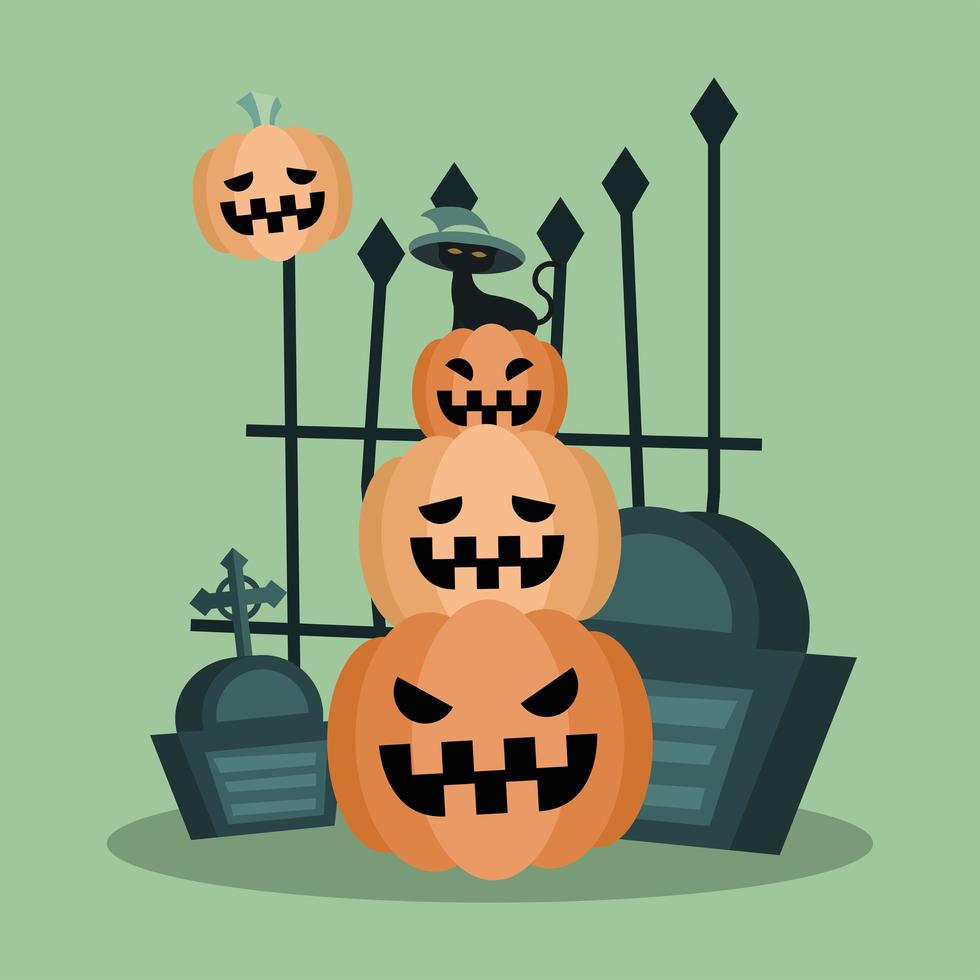 Halloween pumpkins with graves vector design